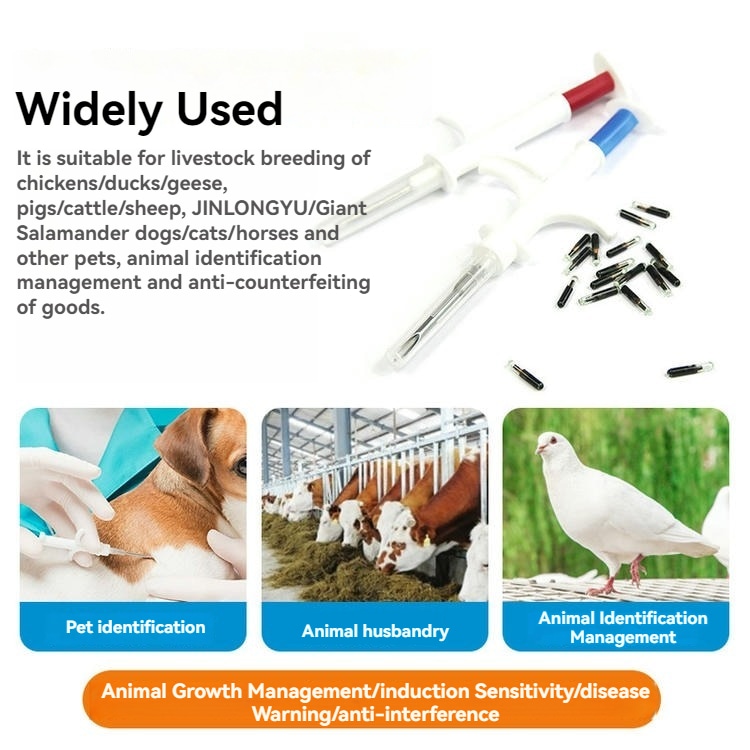 Um banner amplamente utilizado mostra seringas de implante e microchips RFID soltos com cenas de exemplo para pets pecuária e gestão de identificação.