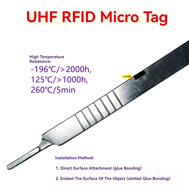 Guia da micro tag RFID SV-002 explicando a fixação adesiva e a instalação em ranhura, com resistência a -196°C e exposição de 260°C por curto período.