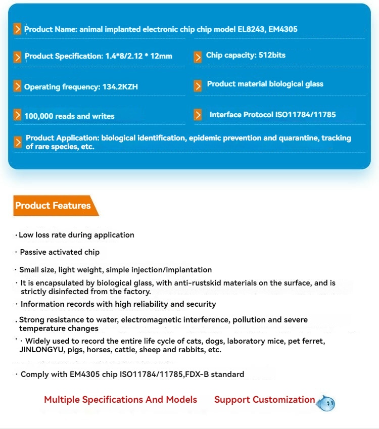 Ficha técnica de microchips RFID implantáveis com frequência de 134,2 kHz, capacidade do chip e compatibilidade com ISO 11784 e ISO 11785.