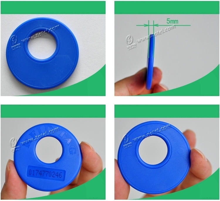 Imagem da tag RFID de patrulha em ABS para checkpoints de segurança aplicada sobre superfície metálica em projetos tags RFID de ABS para rondas de vigilância.