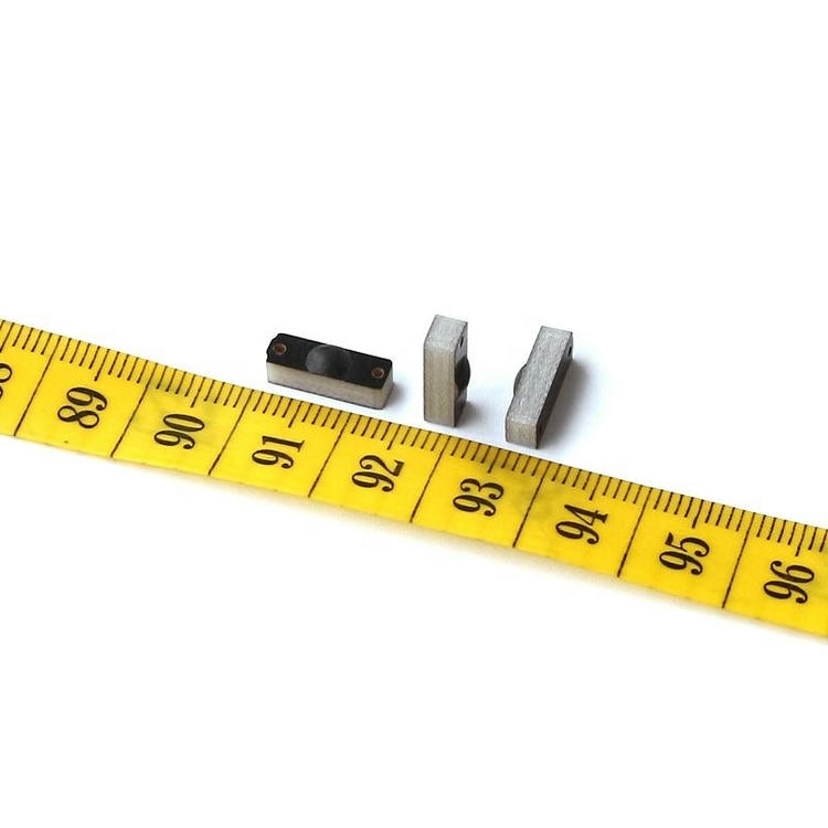 Foto mostra etiquetas RFID PCB on metal P1204-2 ao lado de uma fita métrica para ilustrar o tamanho compacto para controle de inventário de ativos metálicos.
