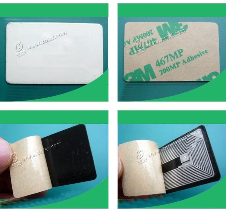 Montagem mostrando a parte frontal de uma etiqueta RFID antimetal em PVC, o liner adesivo 3M e uma vista aberta da camada de ferrite e da antena NFC.