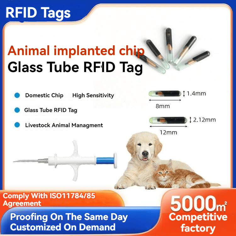 Um pôster mostra microchips RFID para animais de tubo de vidro G-120 e G-121 com opções de tamanho além de uma seringa e pets sob ISO11784 e ISO11785.