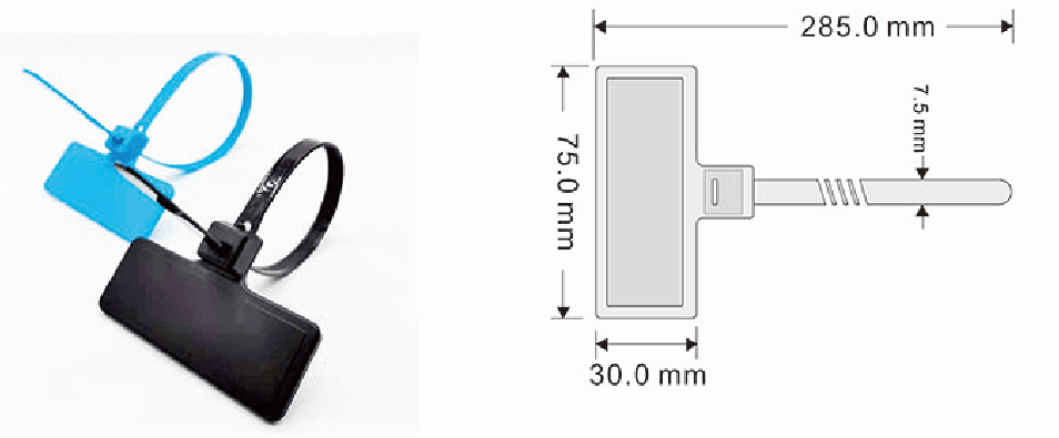 Desenho dimensional da etiqueta RFID com abraçadeira Z28575-1, com 285 mm de comprimento total, cabeça de 75 mm e largura de 30 mm.