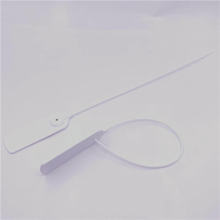 A tag RFID branca tipo abraçadeira modelo Z33026-1 é mostrada com um fixador pontiagudo correspondente para marcação de solo e cabos pronta para GPS.