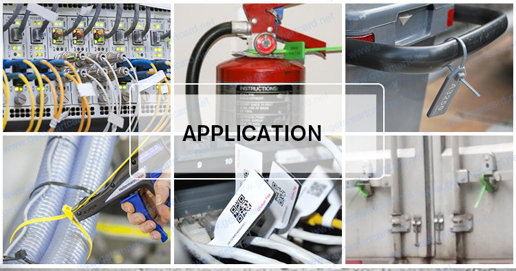 Montagem de aplicações das etiquetas RFID com abraçadeira modelo Z38028-1 em cabos, caixas, equipamentos e contêineres para rastreamento.