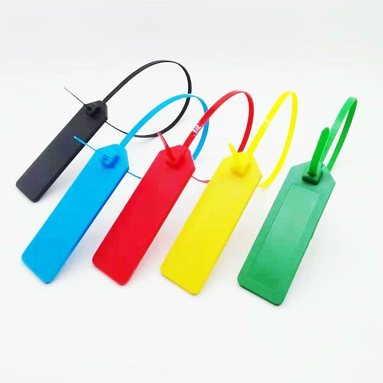 Foto de estúdio mostra cinco tags RFID tipo lacre de abraçadeira modelo Z38028-1 nas cores preto azul vermelho amarelo e verde sobre um fundo branco limpo.