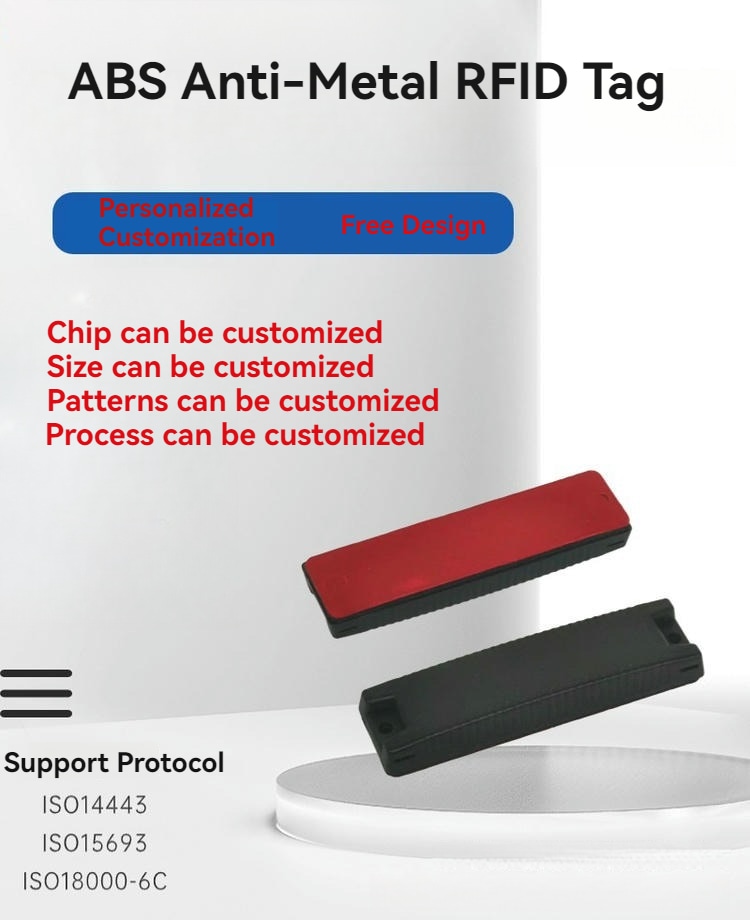 Imagem de etiquetas RFID ABS para metal em aplicação de rastreamento de racks de armazém com acabamento escovado.