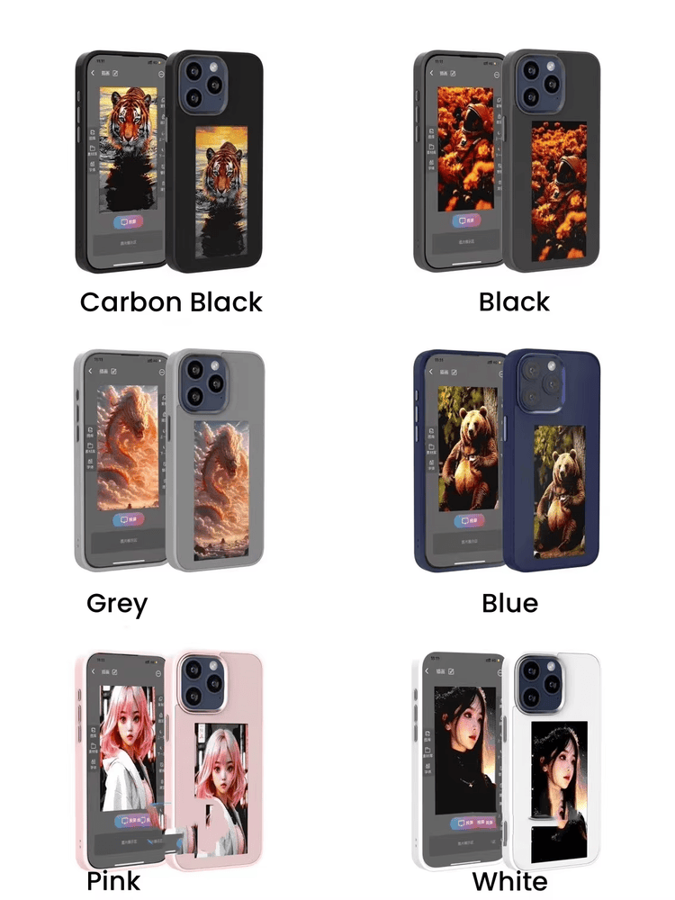 Uma tabela de cores mostra várias opções de capas NFC para celular com tela traseira E Ink em diversos acabamentos.