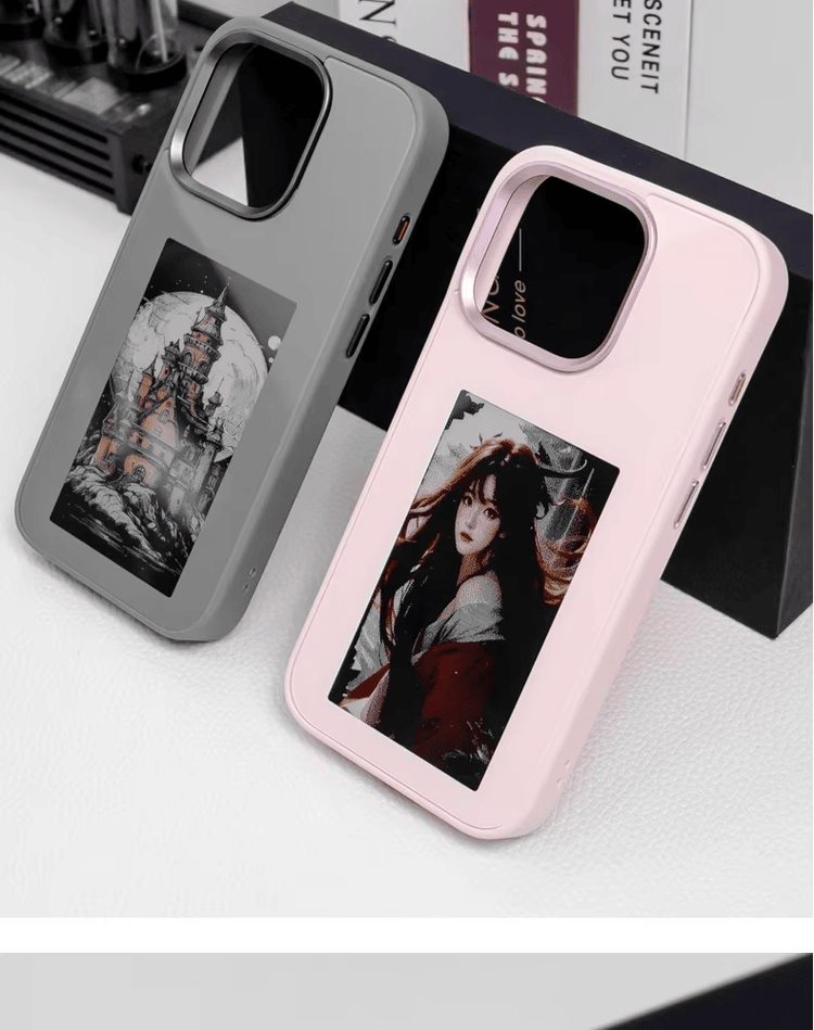 Duas capas NFC para celular são mostradas em cinza e rosa com a área de tela E Ink exibindo imagens personalizadas.