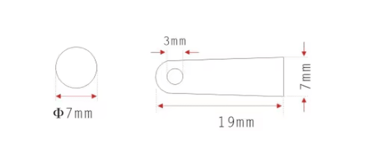 Desenho dimensional da tag RFID tubular tipo bala SV-005 com posição do orifício e comprimento total.