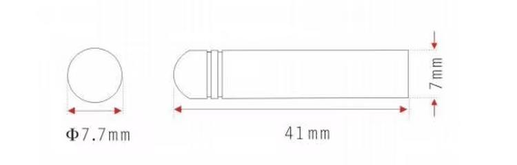 Desenho dimensional da tag RFID tubular tipo bala SV-006 com diâmetro e comprimento para definição do furo de instalação.