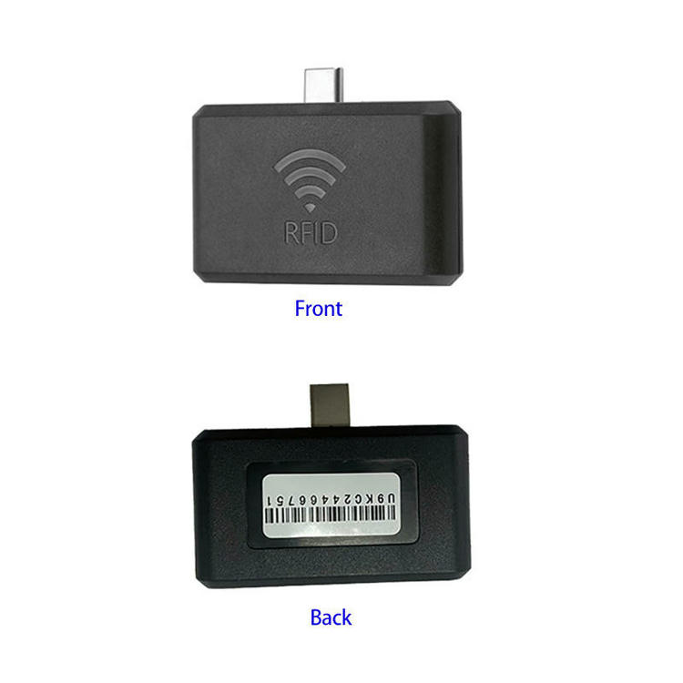 O leitor móvel UHF RFID ZK-RFID-9KC é apresentado com vistas frontal e traseira para mostrar o plugue Type-C e a área da etiqueta com código de barras.