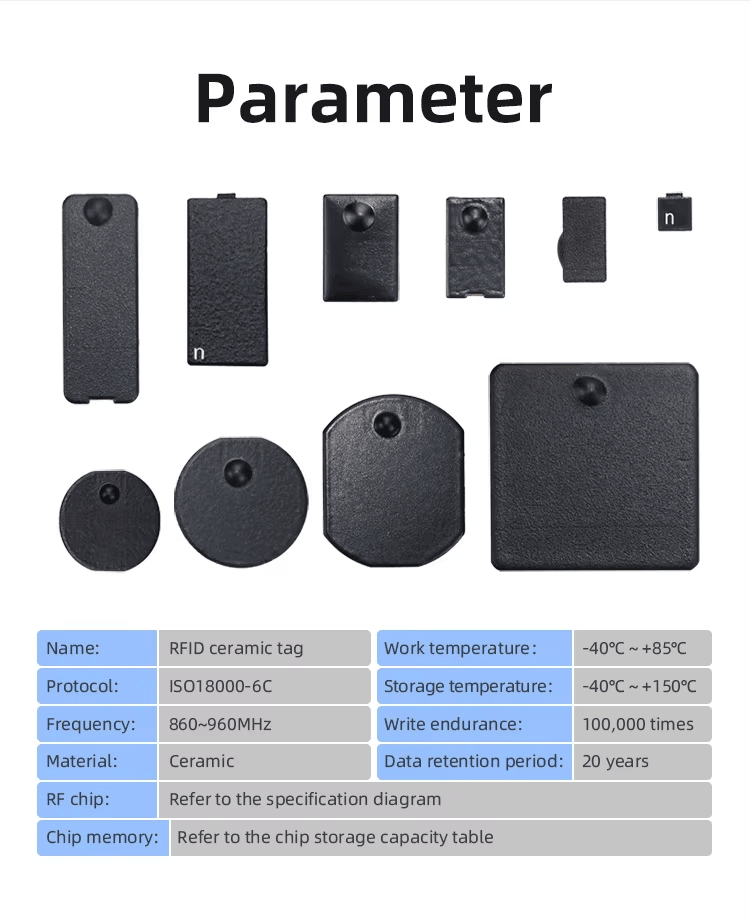Etiquetas RFID para rastreamento de eletrônicos em superfícies metálicas, mostradas com detalhe de corte a laser para compradores que comparam soluções de etiquetas RFID UHF cerâmicas para superfícies metálicas.