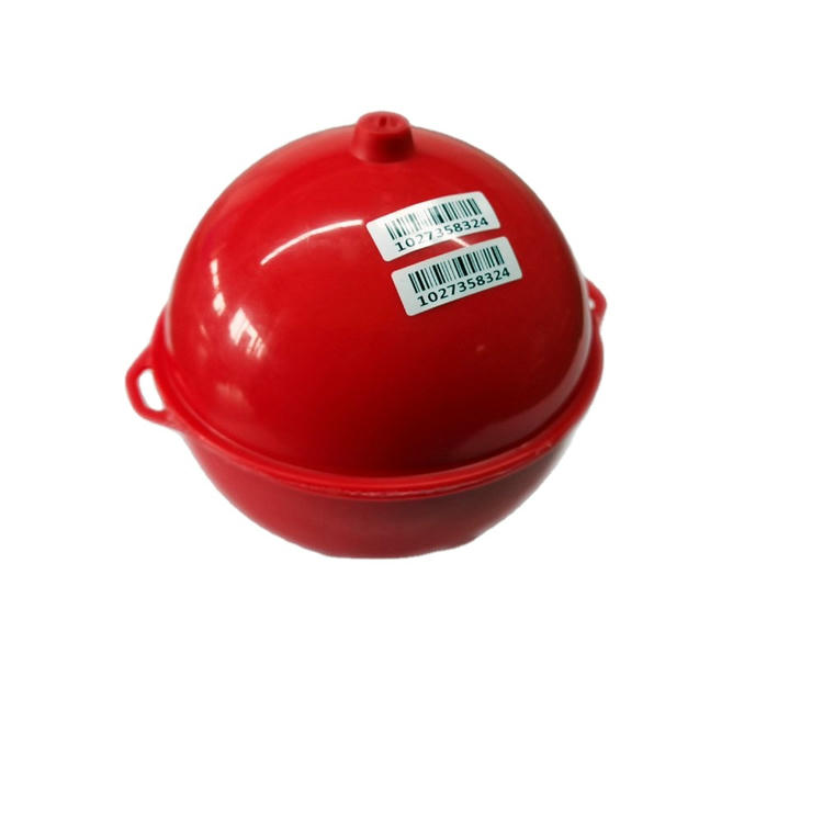 Marcador esférico ED1500 vermelho para tubulações, com etiquetas de código de barras e orifícios de fixação integrados nas laterais.