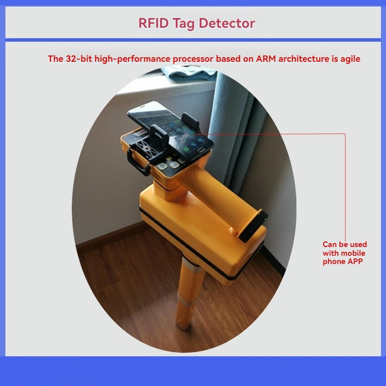 O localizador ED8000 é mostrado com um smartphone montado no suporte para apresentar entrada de dados baseada em aplicativo e conectividade em campo.