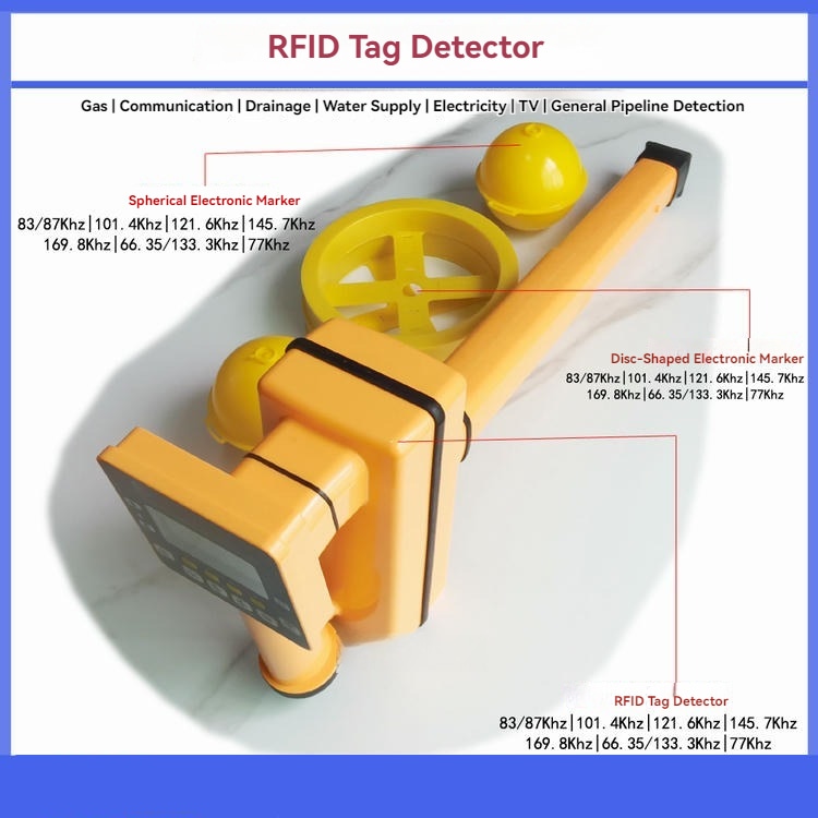 O localizador ED8000 é mostrado com marcadores subterrâneos esféricos e em forma de disco para detecção de serviços públicos em diversos tipos de tubulação.