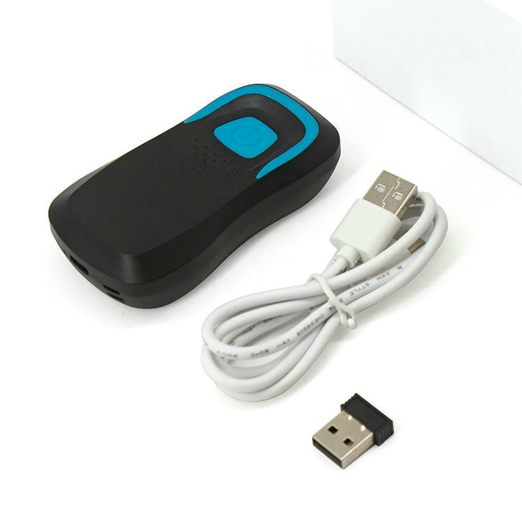Esta imagem mostra o leitor móvel RFID UHF preto R58H com cabo USB de carregamento e acessório receptor sem fio.