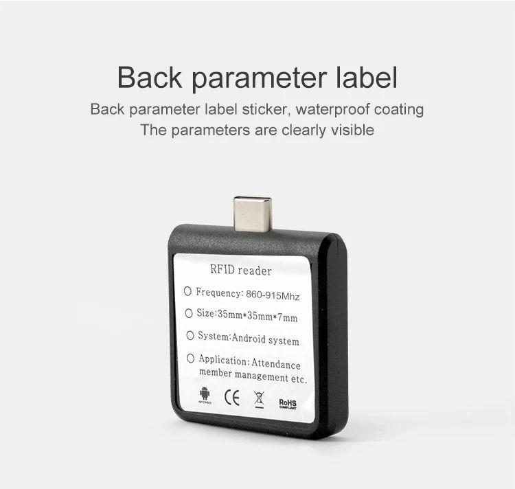 Etiqueta traseira do leitor móvel UHF RFID R65H com informações de frequência, dimensões e sistema Android.
