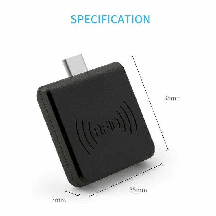 Diagrama dimensional do leitor móvel UHF RFID R65H preto com medidas de 35 mm por 35 mm por 7 mm.
