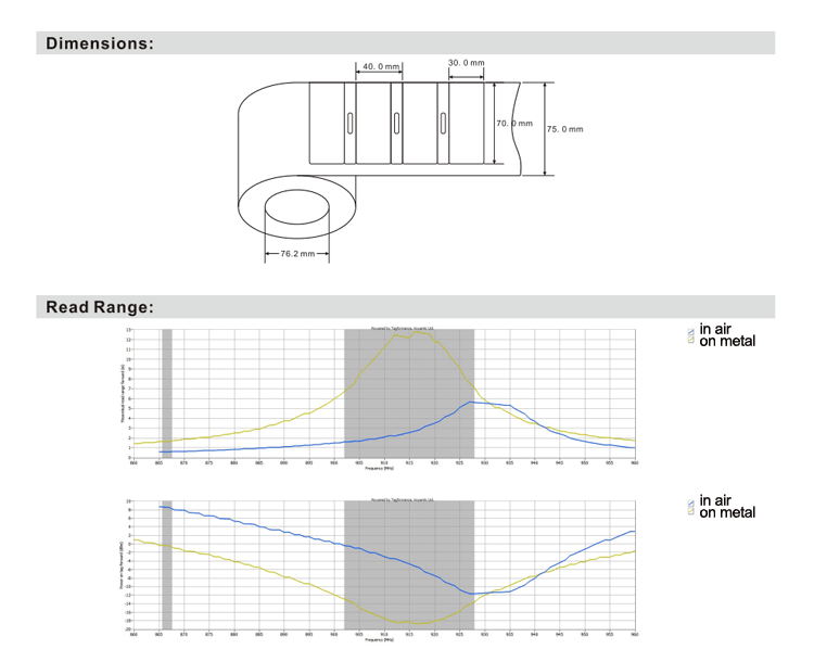Etiqueta RFID UHF flexível para metal com alcance de 12,5 m e destaque para logotipo gravado em projetos de identificação RFID.