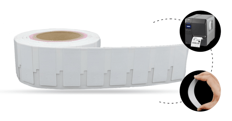 Diagrama detalhado da construção multicamada em PET, folha de alumínio e espuma da etiqueta RFID flexível para metal F6025-1.