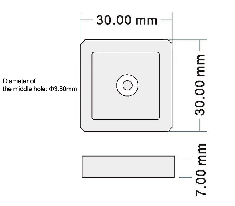 Diagrama ilustrativo da estrutura interna do chip LF ou HF no interior do resistente tag quadrado ABS3030-1 para rondas.