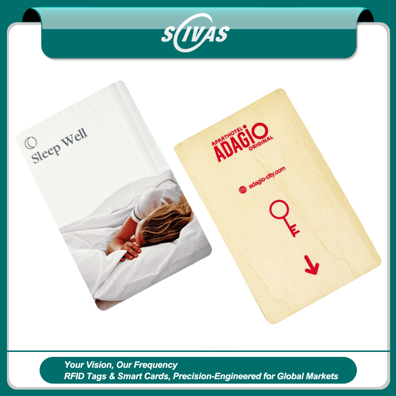 Imagem de Cartões RFID em Olmo para Hotéis e Brindes com foco em referência de tamanho para projetos de Cartões de madeira.