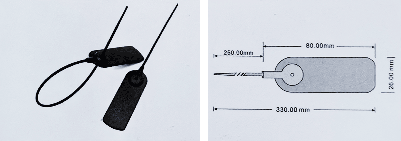 Imagem composta da etiqueta RFID tipo abraçadeira Z33026-1 preta e de um desenho dimensional com 330 mm de comprimento e 26 mm de largura.
