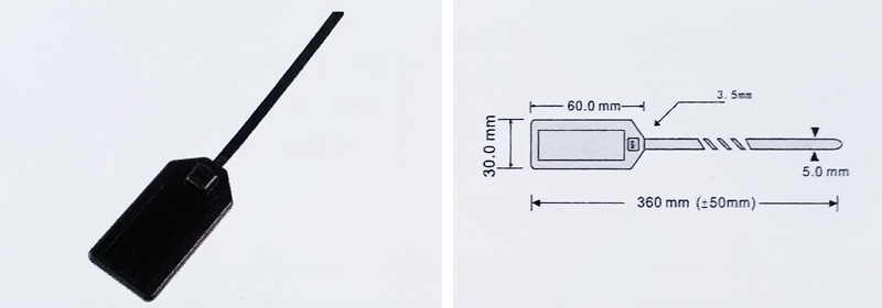 Imagem dividida mostrando uma etiqueta RFID tipo abraçadeira Z36030-1 preta e um desenho dimensional da tira de 360 mm e do corpo da etiqueta.