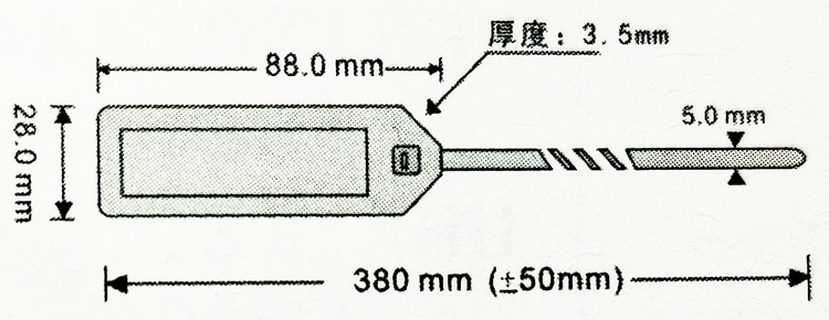 Desenho dimensional da etiqueta RFID com abraçadeira modelo Z38028-1, com tira de 380 mm e corpo de 28 mm de largura para identificação de ativos.