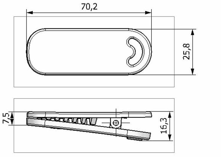 Esta imagem mostra o desenho técnico da tag RFID com clipe SV-014, com dimensões frontais e laterais de 70.2 por 25.8 por 16.3 mm.