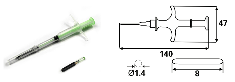 Diagrama com as dimensões do microchip RFID G-103, D1.4x8 mm, e da seringa de 140x47 mm para implantação em animais.