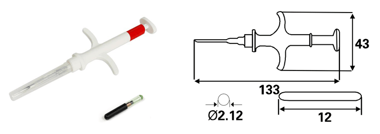 Um diagrama dimensional mostra a seringa com 133 por 43 mm e o microchip RFID em tubo de vidro com 2.12 mm por 12 mm para G-106.