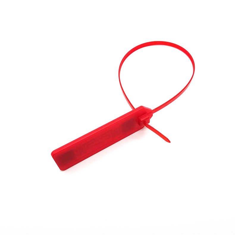 Etiqueta RFID vermelha com abraçadeira modelo Z38028-1, apresentada sobre fundo branco para destacar a área de identificação e a tira de lacre.