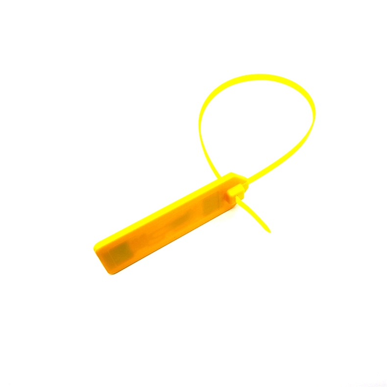 Etiqueta RFID amarela com abraçadeira modelo Z38028-1, com o mecanismo de travamento visível para identificação de ativos em ambientes exigentes.