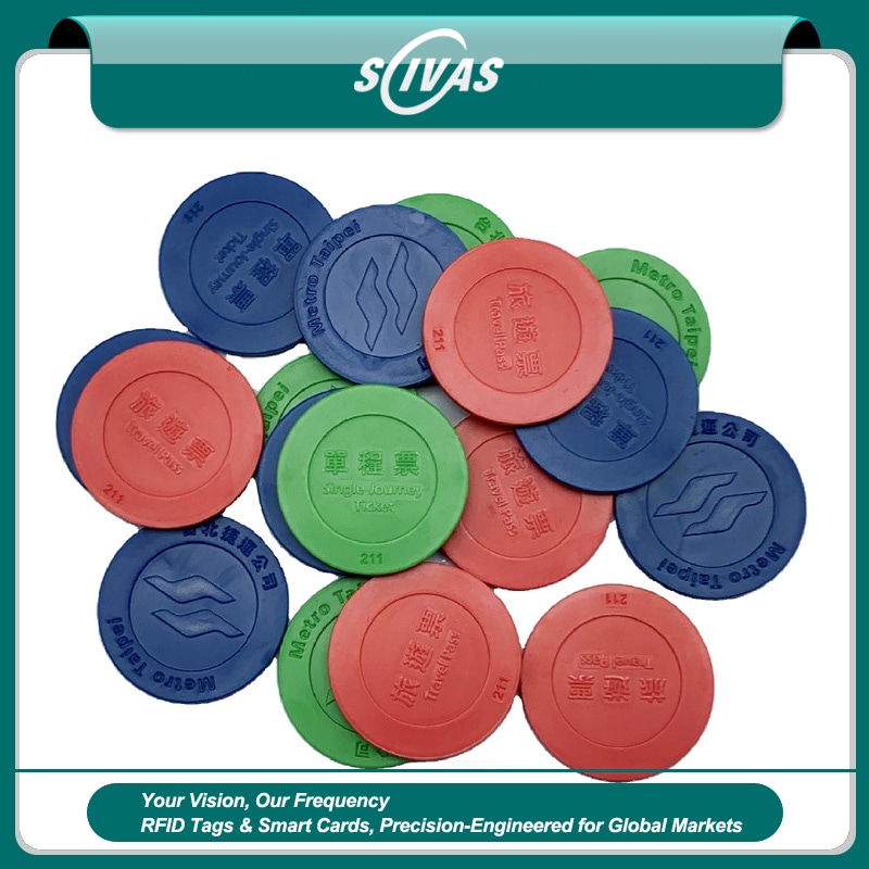 Esta foto mostra uma coleção de tokens RFID coloridos incluindo variantes vermelhas e azuis para sistemas de transporte público e rastreamento logístico.