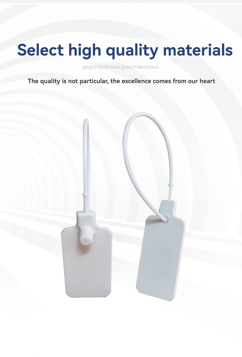 Lacre RFID compacto para identificação de cabos com superfície branca para impressão de código de barras e dados do ativo.