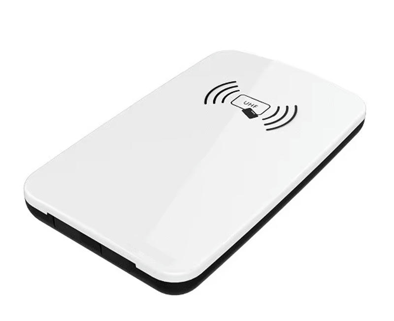Vista superior do leitor HF RFID de mesa JT-R1563 com superfície branca lisa e ícone de antena sem contato.