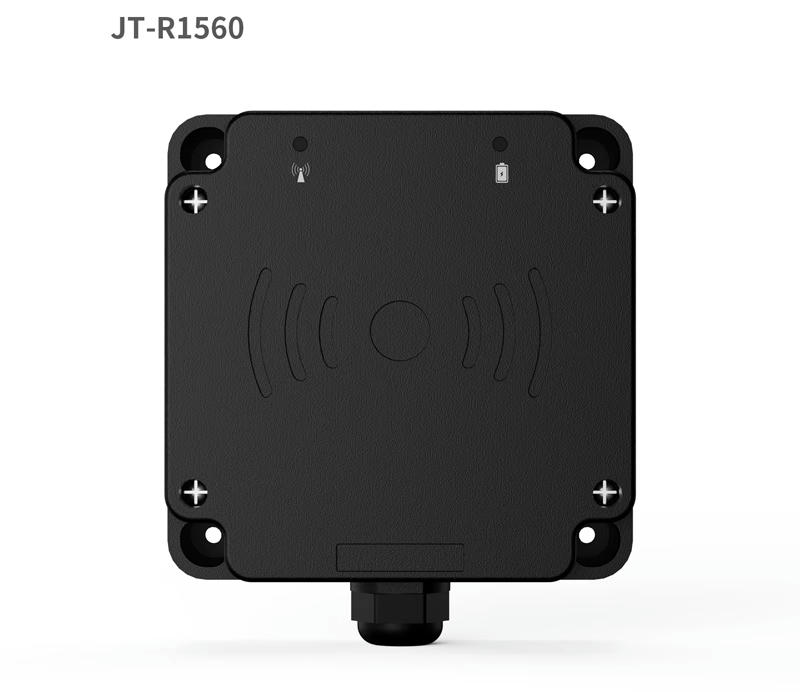 Vista aproximada do painel frontal do leitor RFID HF JT-R1560, com superfície texturizada, cantos vedados e estrutura adequada para operação confiável.
