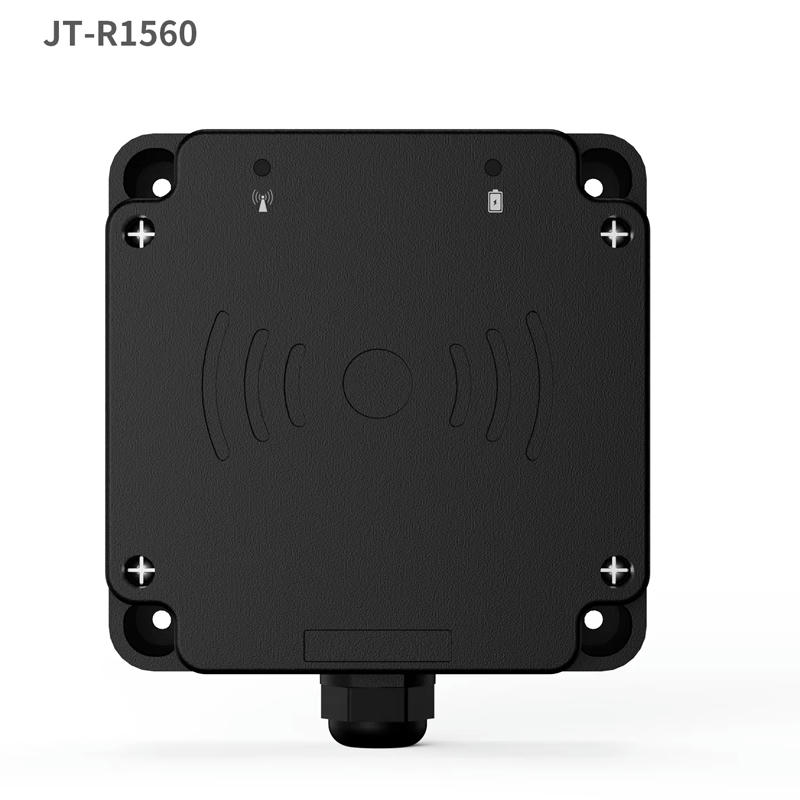 Imagem da face frontal mostra o leitor HF RFID JT-R1560 com quatro abas de montagem e símbolo central de antena para instalação fixa.