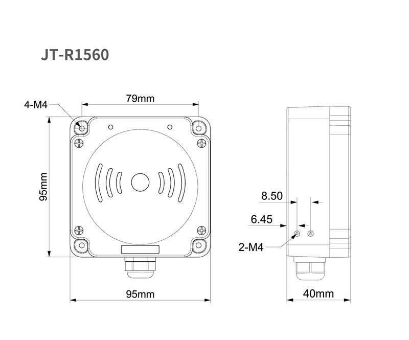 Desenho dimensional do leitor RFID HF JT-R1560, mostrando vistas frontal e lateral para integração mecânica em equipamentos.