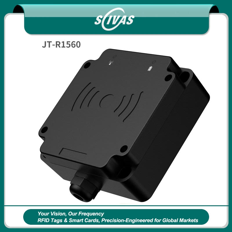 Imagem de banner mostra o leitor RFID HF robusto JT-R1560 em carcaça preta com uma marca de antena em relevo para identificação industrial fixa.