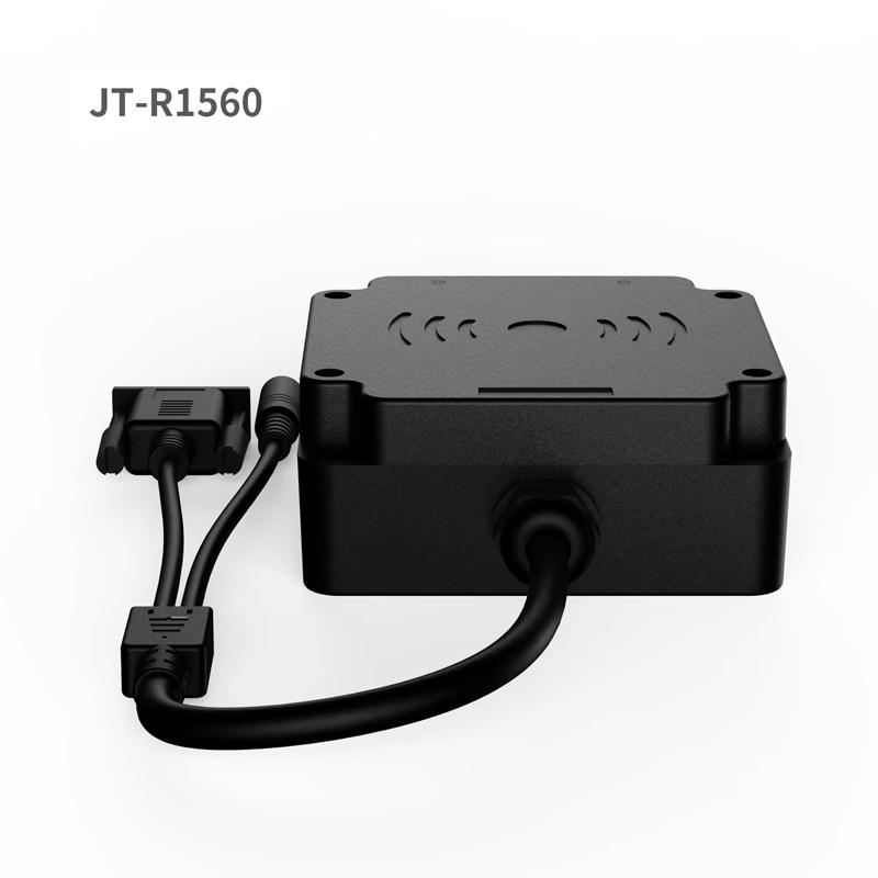 Imagem do produto mostra o leitor RFID HF JT-R1560 conectado a um chicote de fiação com vários plugues para integração com controladores industriais.