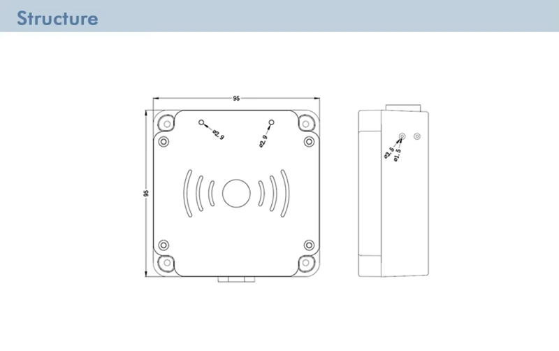 Desenho estrutural do leitor RFID HF industrial JT-R1560, com layout mecânico, vista frontal e seção lateral para projeto de montagem.