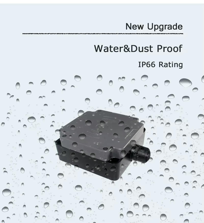 Imagem promocional do leitor RFID industrial JT-R1560 com gotas de água, destacando proteção contra poeira e respingos em instalações fixas.