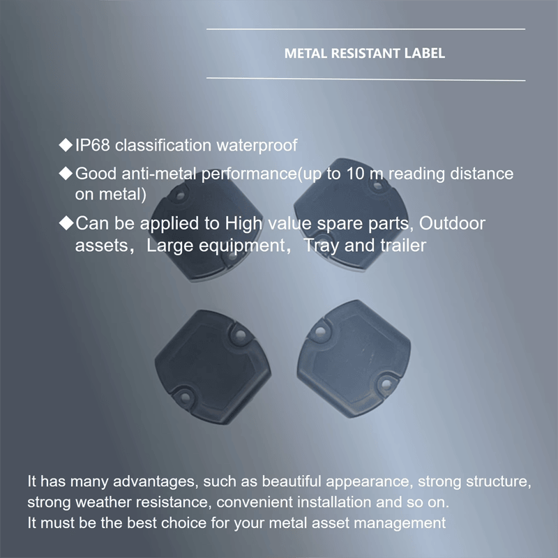 Etiqueta RFID ABS para metal de longo alcance com detalhe de acabamento para projetos UHF externos.