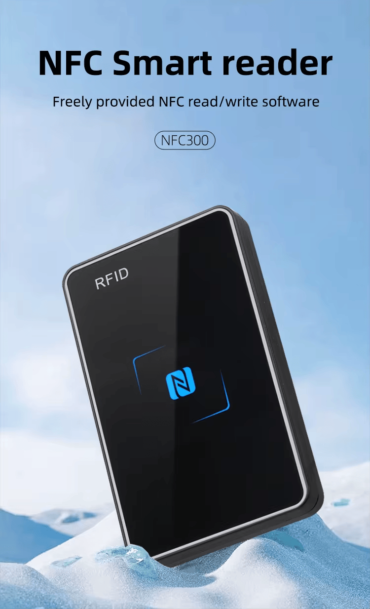 Imagem promocional do leitor NFC inteligente NFC300, apresentado sobre uma superfície gelada para sugerir leitura NFC de mesa confiável.