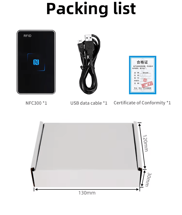 Imagem mostra a lista de embalagem do NFC300, incluindo leitor, cabo USB, certificado de conformidade e diagrama da caixa para preparação logística.