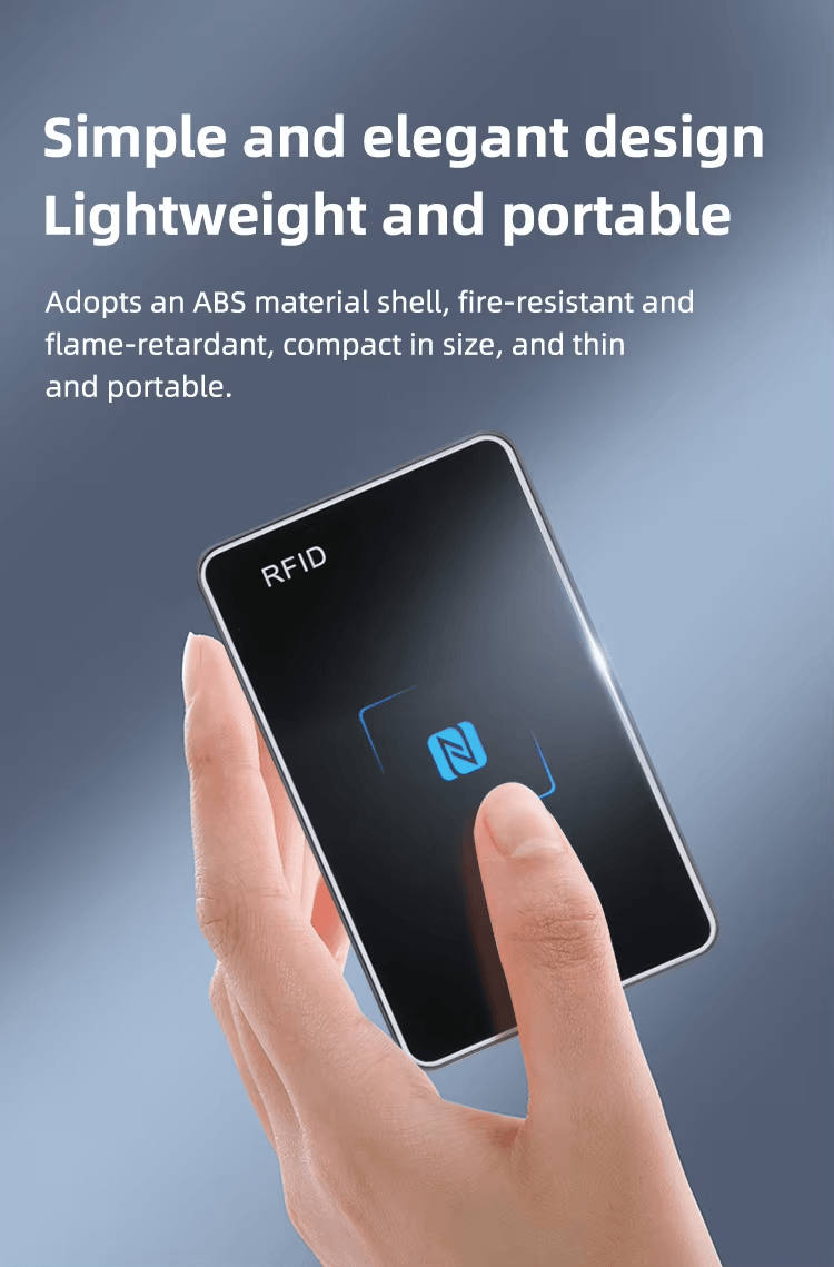 Cartaz descreve design simples, elegante, leve e portátil, enquanto uma mão segura o leitor NFC300 com o símbolo NFC ao centro.